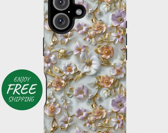 Elegant Gold and Pastel Floral Filigree Phone Case - Personalized Printed 3D Effect Flower Design Cover for iPhone, Pixel, and Galaxy