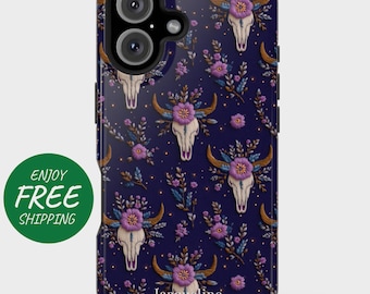 May include: A navy blue phone case featuring a repeating pattern of cow skulls adorned with purple flowers and gold-colored horns. The case has a glossy finish and the name "Jacqueline" is printed at the bottom.
