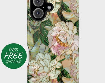 May include: A phone case with a floral design featuring white and pink peonies with green leaves. The design has a stained glass effect with gold accents. The case has a black border and a camera cutout.
