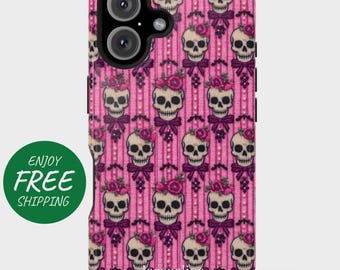 May include: A pink phone case featuring a repeating pattern of skulls adorned with pink roses and purple bows. The design includes vertical stripes and small pearl-like accents. The name "Jacqueline" is printed at the bottom.
