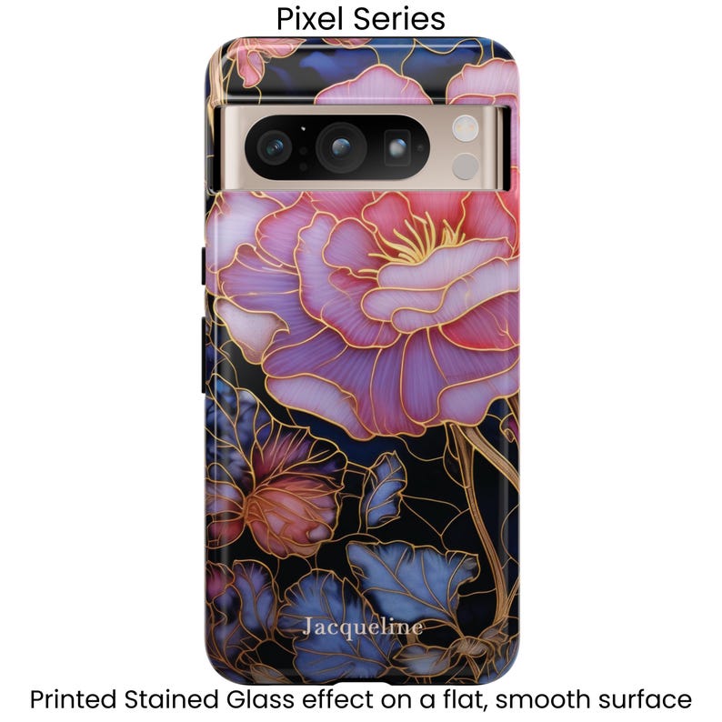 Front of a Pixel 8 case with a personalized pink floral stained glass design.