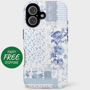 May include: A white phone case with a blue and white floral pattern. The case has a patchwork design with different floral prints and lace accents. The case is designed for a phone with a camera bump.