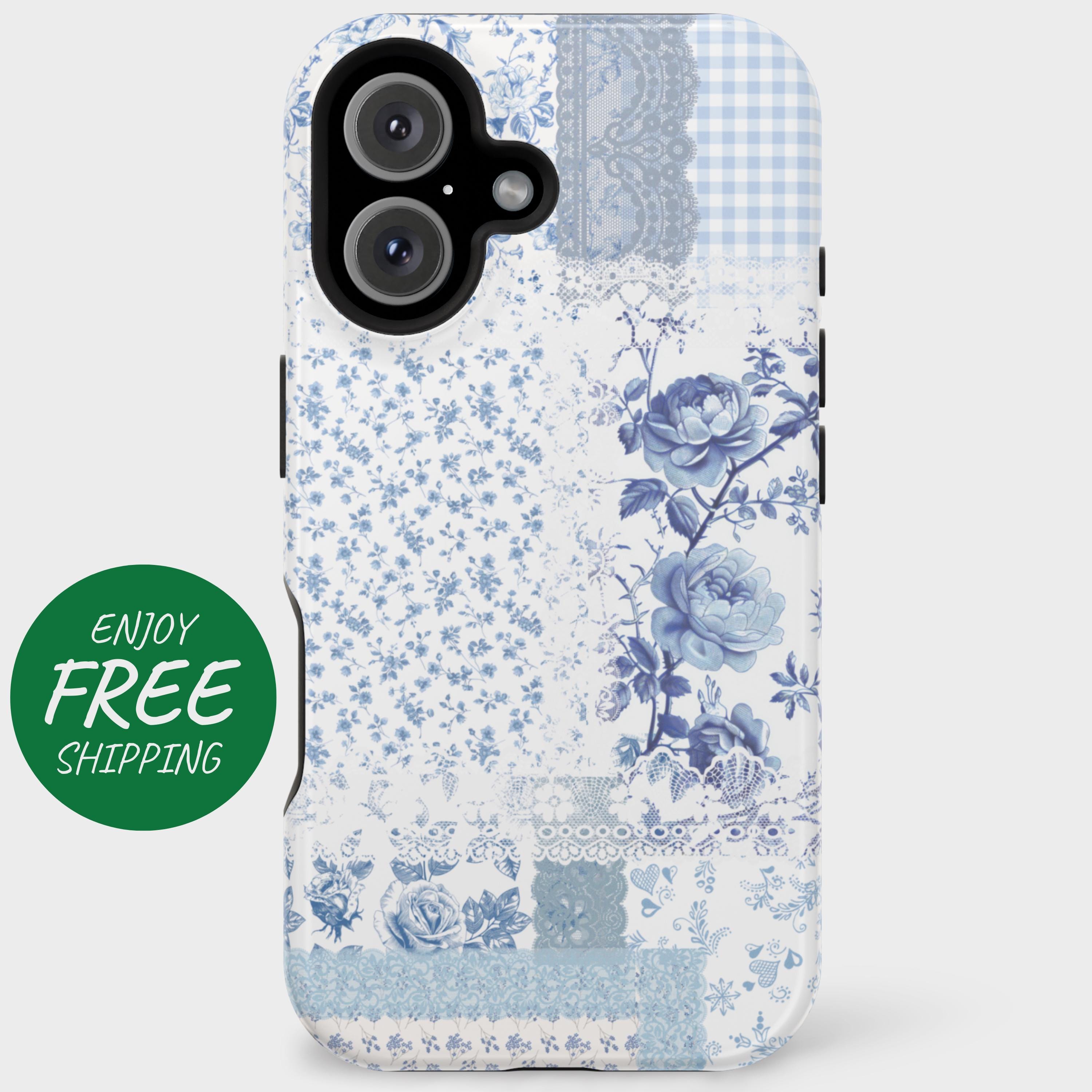 Personalized Blue Floral Patchworkful Phone Case – Lacey French Toile Quilt Design Cover for iPhone, Pixel, and Galaxy