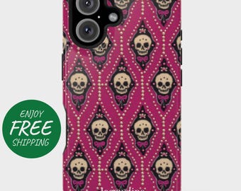 May include: A magenta phone case featuring a repeating pattern of skulls with pink bows and a dotted background. The case has a black camera module and the name "Jacqueline" is printed at the bottom.