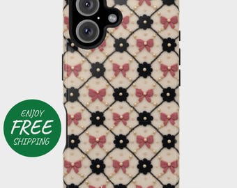May include: A phone case with a cream-colored background featuring a grid pattern of black flowers, pink bows, and faux pearls. The case has a camera cutout and the text "Jacqueline" is visible. A green circle with the words "Enjoy Free Shipping" is on the left.
