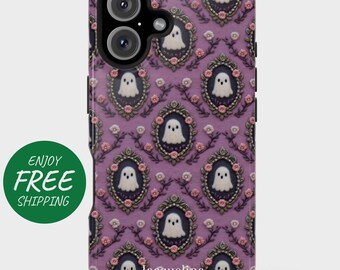 May include: A purple phone case featuring a repeating pattern of framed ghost portraits with pink roses and green leaves. The case has a glossy finish and the name "Jacqueline" is printed at the bottom. The phone case has a green circle with the words "Enjoy Free Shipping".