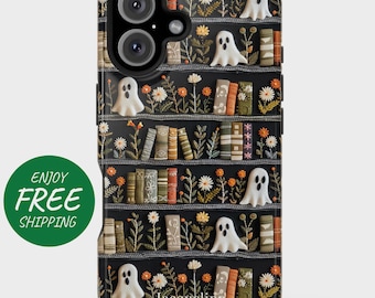 May include: Black phone case featuring a whimsical design of a bookshelf with embroidered books, flowers, and white ghost figures. The case has a glossy finish and the name "Jacqueline" is printed at the bottom.