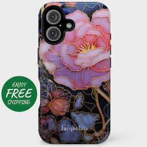 Front of an iPhone 16 case with a personalized pink floral stained glass design.