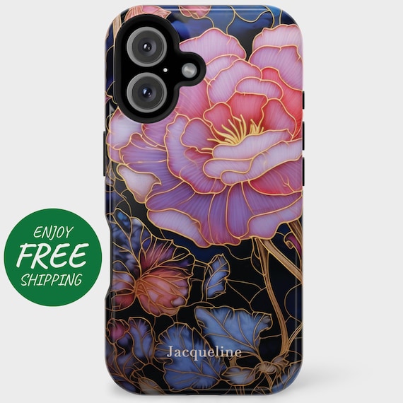 Pink Floral Stained Glass Phone Case for iPhone, Pixel, and Galaxy - Personalized Faux Stained Glass Flower Design Gift