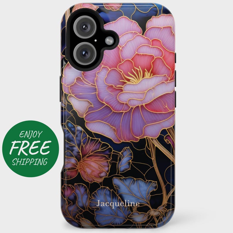 Front of an iPhone 16 case with a personalized pink floral stained glass design.