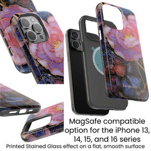 Layers and close up of an iPhone 15 case with a personalized pink floral stained glass design.