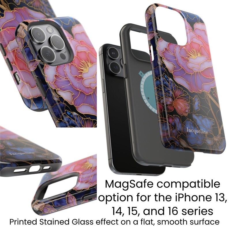 Layers and close up of an iPhone 15 case with a personalized pink floral stained glass design.