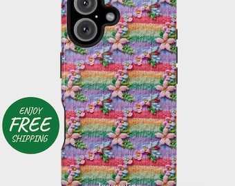 May include: A phone case with a colorful, rainbow-striped pattern and floral embroidery. The case features a repeating pattern of pink and blue flowers with green leaves. The text "Jacqueline" is at the bottom. A green circle with the words "Enjoy Free Shipping" is on the left.