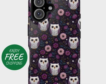 May include: A phone case featuring a repeating pattern of white owls with purple and pink flowers on a dark background. The case has a glossy finish and a green circle with the words "ENJOY FREE" on the left side. The name "Jacqueline" is at the bottom.
