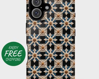 May include: A phone case with a detailed floral pattern. The design features blue and gold floral elements set against a black and cream checkered background. The case has a glossy finish and the name "Jacqueline" is printed on the bottom.