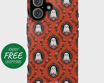 May include: A phone case with a repeating pattern of framed ghost portraits on a red background. Each ghost is surrounded by a floral wreath. The case has a black camera lens and the name "Jacqueline" is printed on the bottom.
