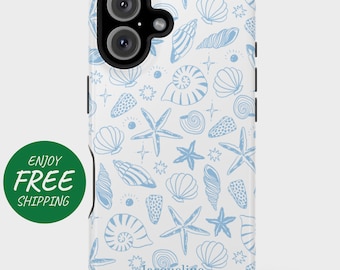 Custom Coastal Seashell Phone Case with Ocean Motifs - Personalized French Blue Toilet Style Durable Phone Cover for Ocean Lovers