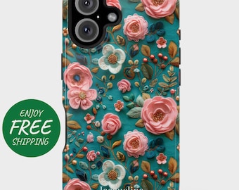 May include: A teal phone case featuring a floral design with pink roses, white and blue flowers, and green leaves. The case has a textured appearance and includes the name "Jacqueline" at the bottom. The case is designed for a smartphone with a camera.
