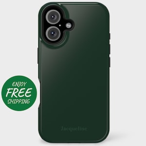 May include: A dark green phone case with a black camera module and side buttons. The case has the name "Jacqueline" printed at the bottom. A green circle with the words "Enjoy Free Shipping" is on the left.