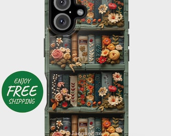 Vintage Bookshelf Floral Phone Case for iPhone, Pixel, and Galaxy – Personalized Embroidery Book Lover Gift for Her