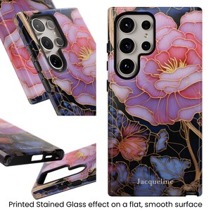 Front and close up of a Galaxy S24 Ultra case with a personalized pink floral stained glass design.