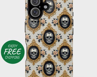 May include: A phone case featuring a repeating pattern of skull portraits in ornate gold frames, set against a light gray backdrop with pink roses. The case has a black border and a green circle with the words "ENJOY FREE" on it.