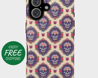May include: A phone case featuring a repeating pattern of sugar skull designs in purple, pink, and blue, set against a cream background. The skulls are framed in ornate purple ovals with pink roses. The case has a black border and a green circle with the words "ENJOY FREE" on it.