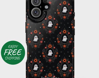May include: Black phone case featuring a repeating pattern of white ghost illustrations within orange floral wreaths. The case has a glossy finish and includes the name "Jacqueline" at the bottom. A green circle with the words "Enjoy Free" is on the left.