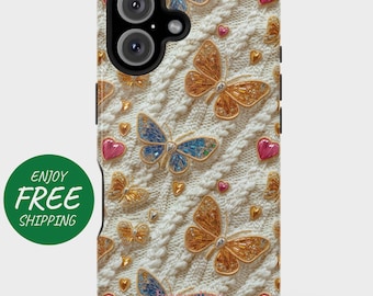 May include: A phone case featuring a cream-colored, textured pattern with a repeating design of butterflies and hearts. The butterflies are in shades of gold, blue, and orange, while the hearts are pink. The case has a camera cutout and side buttons.
