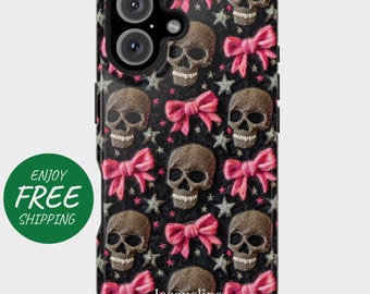 May include: Black phone case with a repeating pattern of brown skulls, pink bows, and silver stars. The case has a glossy finish and a black camera module. The name "Jacqueline" is printed at the bottom.
