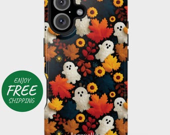 May include: A phone case featuring a Halloween-themed design. The case is adorned with white ghost figures, orange and yellow autumn leaves, and yellow sunflowers against a dark blue background. The name "Jacqueline" is printed at the bottom.