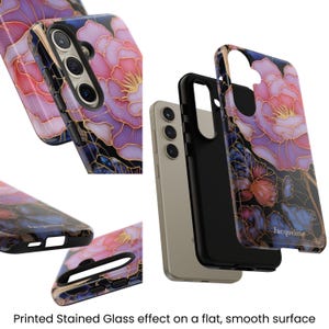 Layers and close up of a Galaxy S24 case with a personalized pink floral stained glass design.