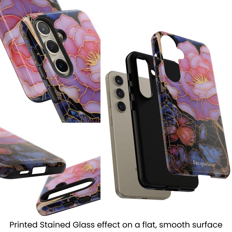 Layers and close up of a Galaxy S24 case with a personalized pink floral stained glass design.