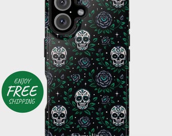 May include: Black phone case featuring a repeating pattern of sugar skulls, dark blue roses, and green leaves. The case has a glossy finish and the name "Jacqueline" is printed at the bottom. A green circle with the words "Enjoy Free" is on the left.