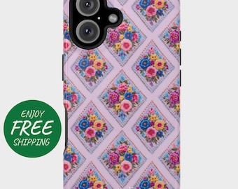 May include: A phone case with a floral pattern. The case is light purple with a repeating diamond pattern. Each diamond contains a bouquet of pink, blue, and yellow flowers. The text "Jacqueline" is at the bottom. The words "Enjoy Free Shipping" are on a green circle.