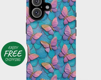May include: A phone case featuring a teal and blue scale pattern with pink and purple butterflies. The case has a black camera module and the name "Jacqueline" is printed on the bottom. The case has a green circle with the words "Enjoy Free Shipping".