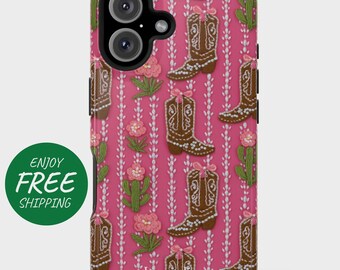May include: A pink phone case featuring a repeating pattern of brown cowboy boots with pink bows, pink flowers, and green cacti. White vertical lines create a striped background. The name "Jacqueline" is printed at the bottom.