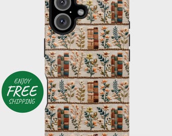 Custom Floral Bookshelf Phone Case for iPhone, Pixel, and Galaxy – Embroidery Book Lover Gift for Her
