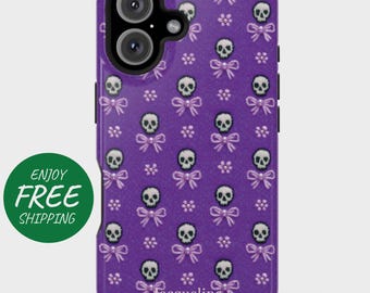 May include: A purple phone case featuring a repeating pattern of white skulls with pink bows and small white flowers. The case has a black camera housing and the text "Jacqueline" at the bottom. A green circle with the words "Enjoy Free Shipping" is on the left.