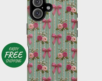 May include: A phone case with a floral and bow pattern. The case has a teal background with vertical white stripes and gold accents. Pink bows and rose bouquets are evenly spaced across the surface. The text "Jacqueline" is at the bottom.