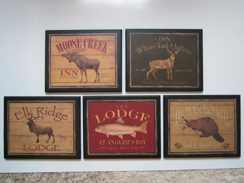 Moose Deer Elk rustic country lodge wall decor plaques cabin pictures signs