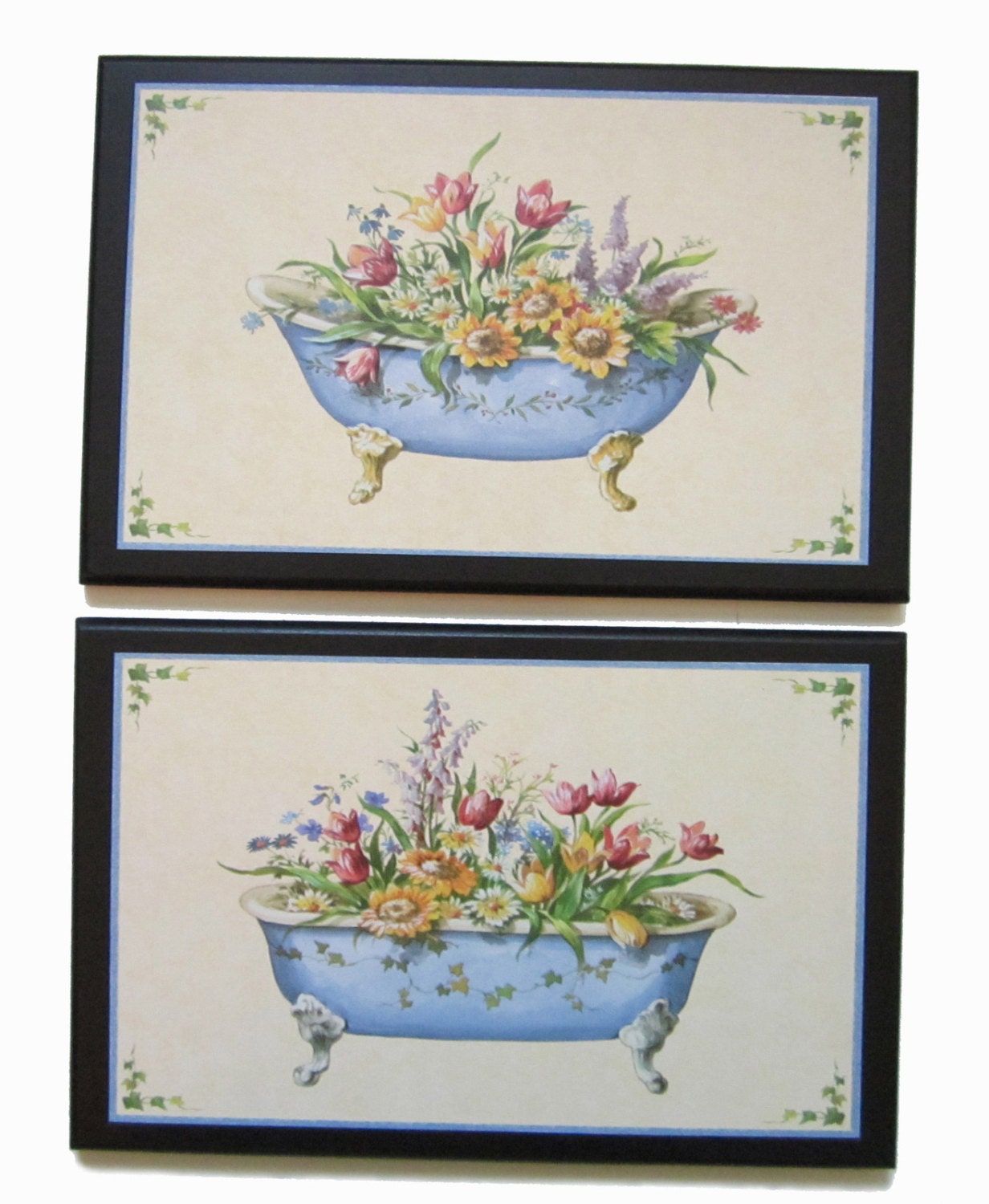 Bathtubs & Flowers 2 wall decor pictures blue bathroom antique Etsy