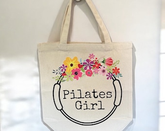 Pilates canvas tote, Pilates girl tote, The Pilates girl, Pilates bag, canvas tote, Pilates gifts, gifts for pilates instructors.