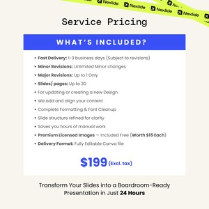 May include: A blue and white graphic detailing service pricing. The text includes "What's Included?" with bullet points about delivery, revisions, and slide formatting. The price is $199, and the text promises a boardroom-ready presentation in 24 hours.