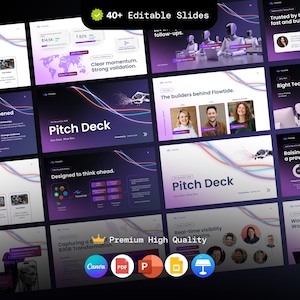May include: A collection of digital presentation slides with a dark purple and blue gradient design. The slides feature text and graphics, including charts, graphs, and images. The text includes "Pitch Deck" and "40+ Editable Slides."