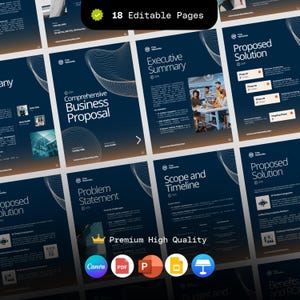 Pode incluir: Um modelo de proposta comercial azul escuro com 18 páginas editáveis. O modelo inclui seções para um resumo executivo, soluções propostas e uma declaração de problema. O design apresenta gráficos abstratos brancos e azuis e o texto "Comprehensive Business Proposal".