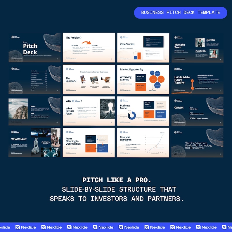 Może przedstawiać: Szablon prezentacji biznesowej z ciemnoniebieskim tłem. Slajdy zawierają tytuły takie jak "Pitch Deck", "Problem?", "Studia przypadk&oacute;w" i "Poznaj zesp&oacute;ł". Tekst "PITCH LIKE A PRO" jest wyświetlany na dole.