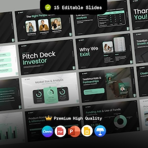 Pode incluir: Um modelo de apresentação com 15 slides editáveis. Os slides apresentam um fundo escuro com texto e gráficos turquesa e brancos. Os tópicos incluem análise de mercado, apresentação de investidores e financiamento.