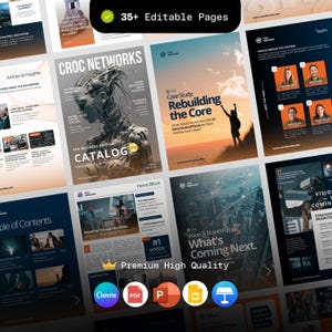 May include: A collection of business and marketing templates with the text "35+ Editable Pages." The templates include magazine covers, case studies, and infographics. The design features a modern aesthetic with a focus on data visualization and strategic planning.