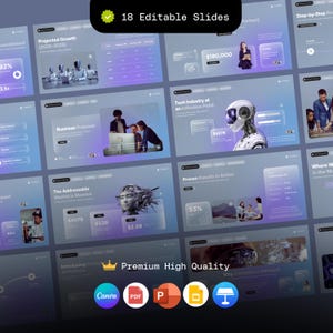 Pode incluir: Um modelo de apresentação digital com 18 slides editáveis. Os slides apresentam um design moderno com um fundo gradiente e várias visualizações de dados, gráficos e imagens. O texto inclui "Projected Growth", "Business Proposal" e "Premium High Quality".